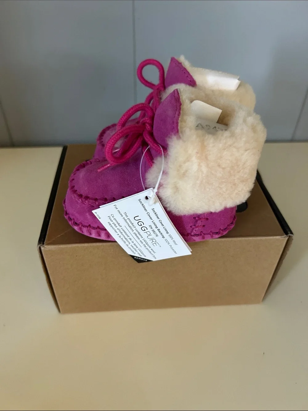 UGG Pink Shearling-Trim Baby Moccasin Booties